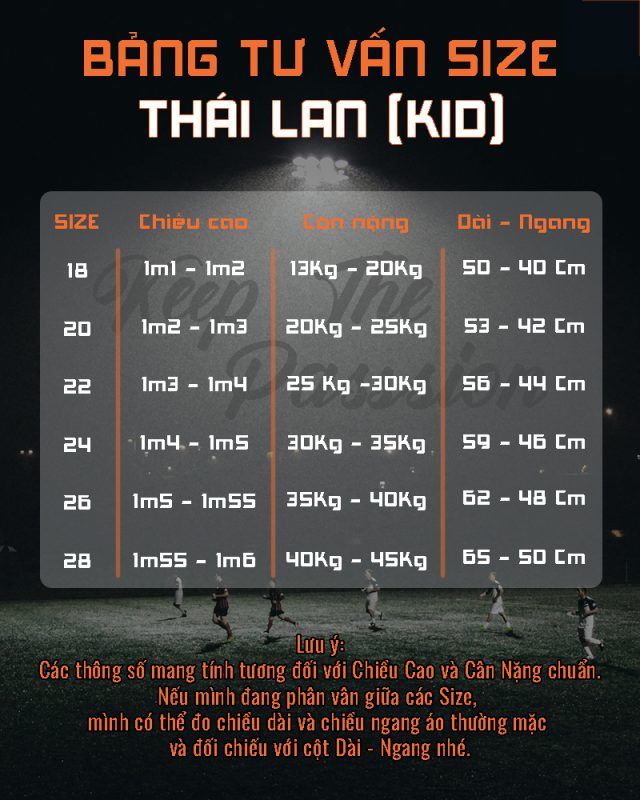 Bảng tư vấn size bóng đá trẻ em hàng Thái Lan