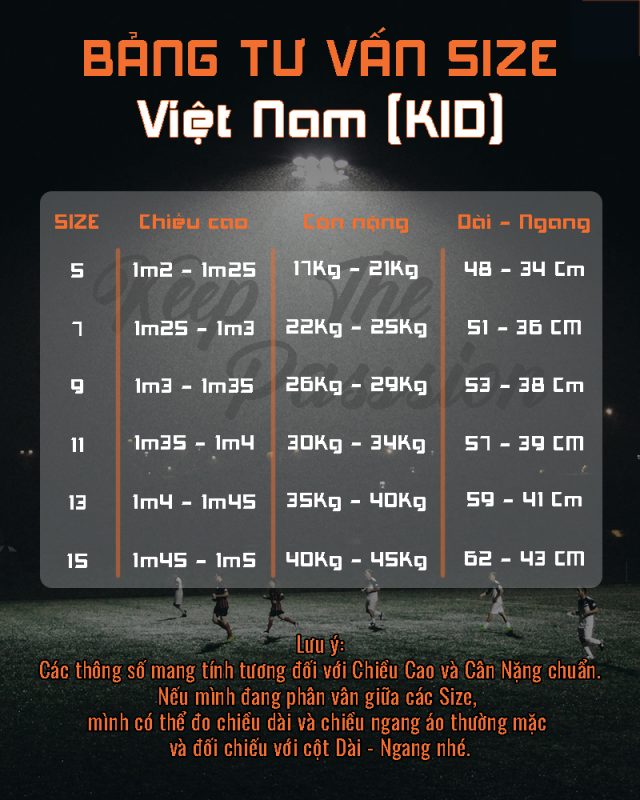Bảng tư vấn size bóng đá trẻ em hàng VIệt Nam
